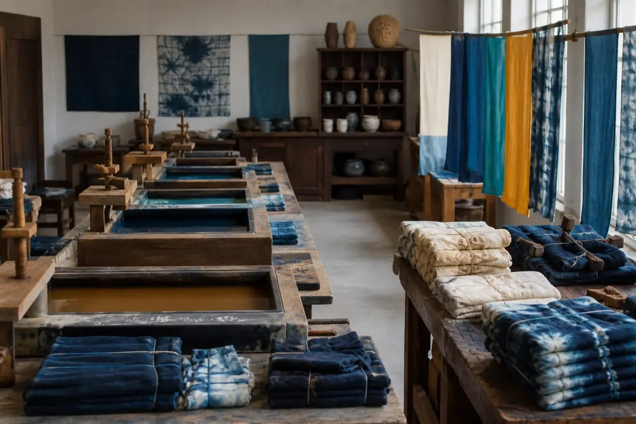 Organized textile studio with shallow vats, clamps and drying cloth