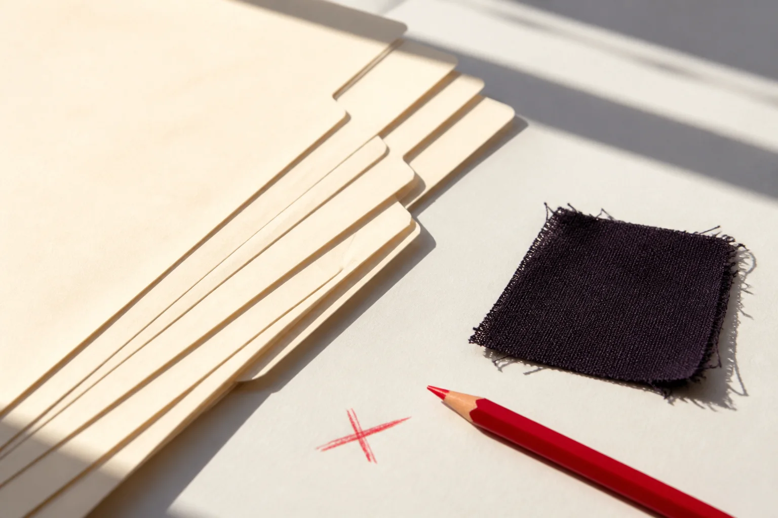 Blank source folders, red pencil and textile swatch on a desk
