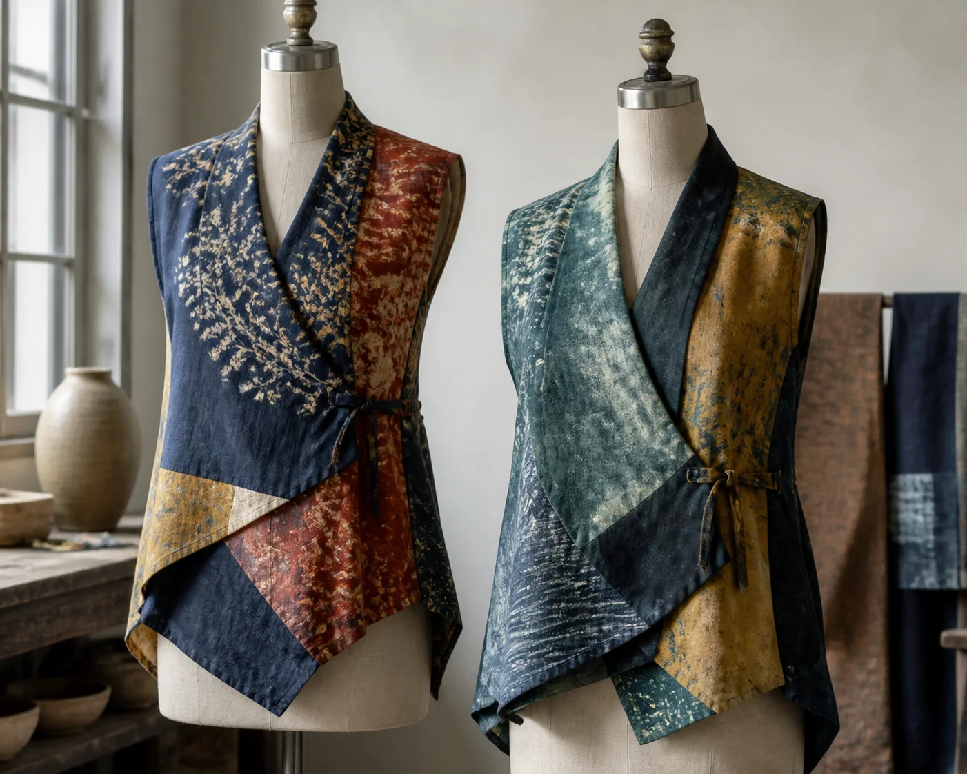 Two layered resist-dyed vests on neutral dress forms